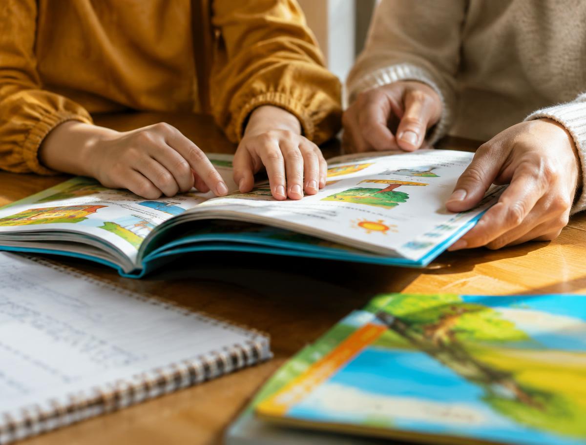 Mãos de um adulto e de uma criança folheando juntos um livro escolar